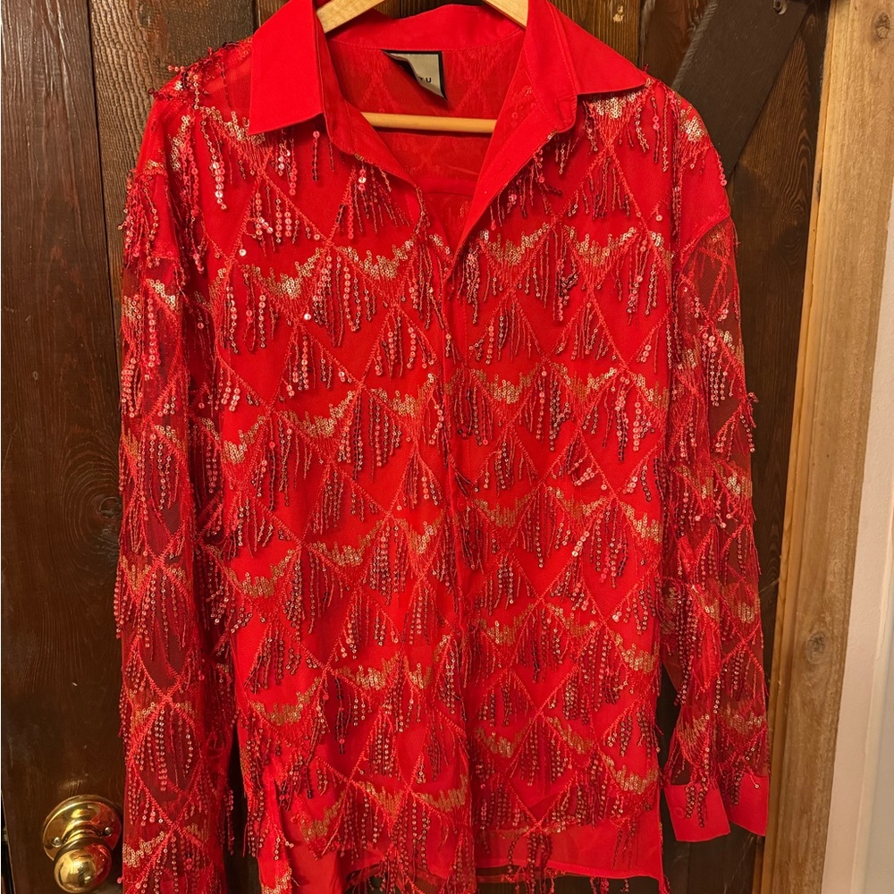 Orttu Men’s Las Vegas Shirt, Medium. Never worn. Flame red with sequin fringe.